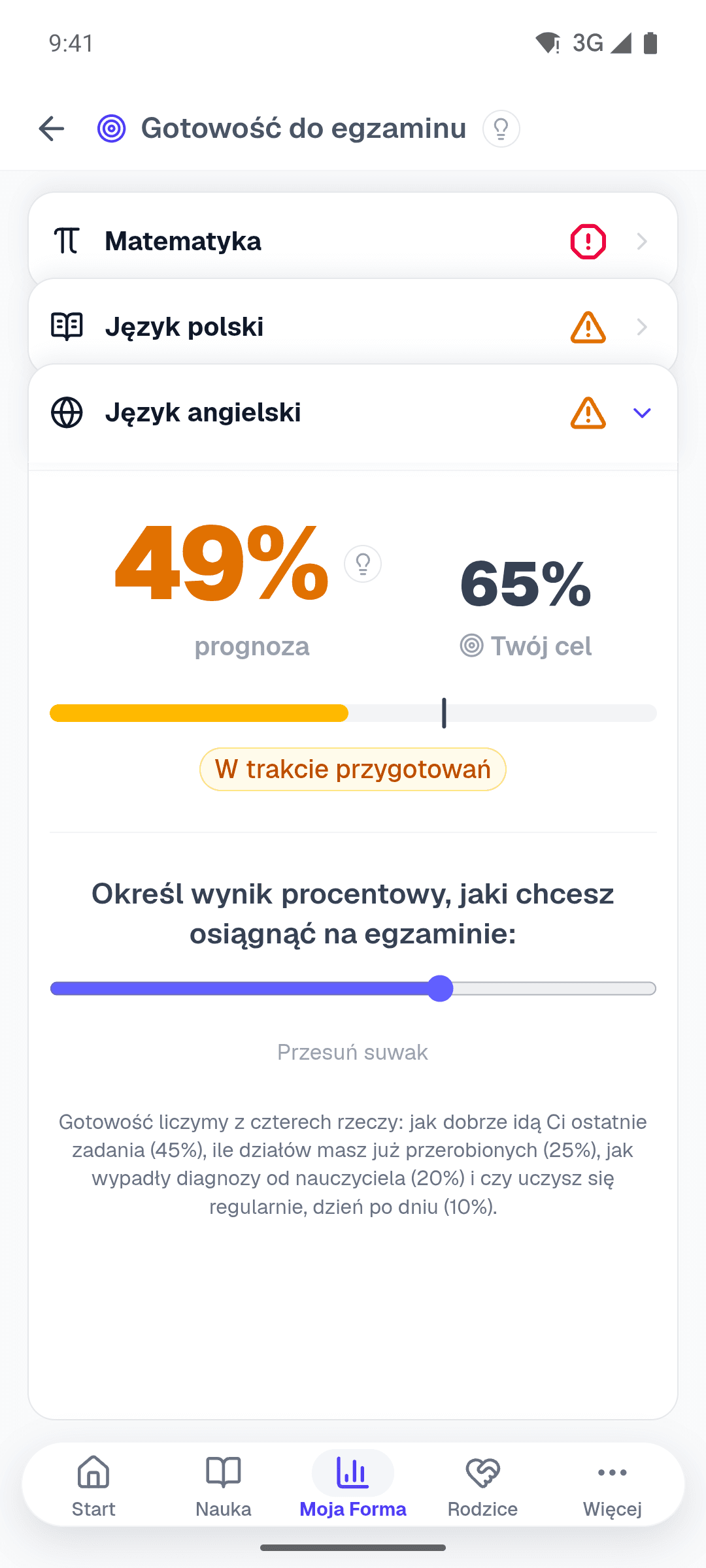 Gotowość do egzaminu w aplikacji: prognoza 49% i cel 65% z angielskiego