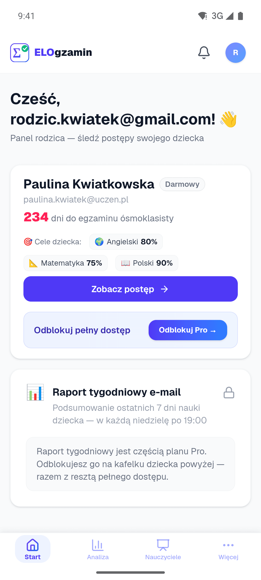 Aplikacja rodzica: cele dziecka i raport tygodniowy
