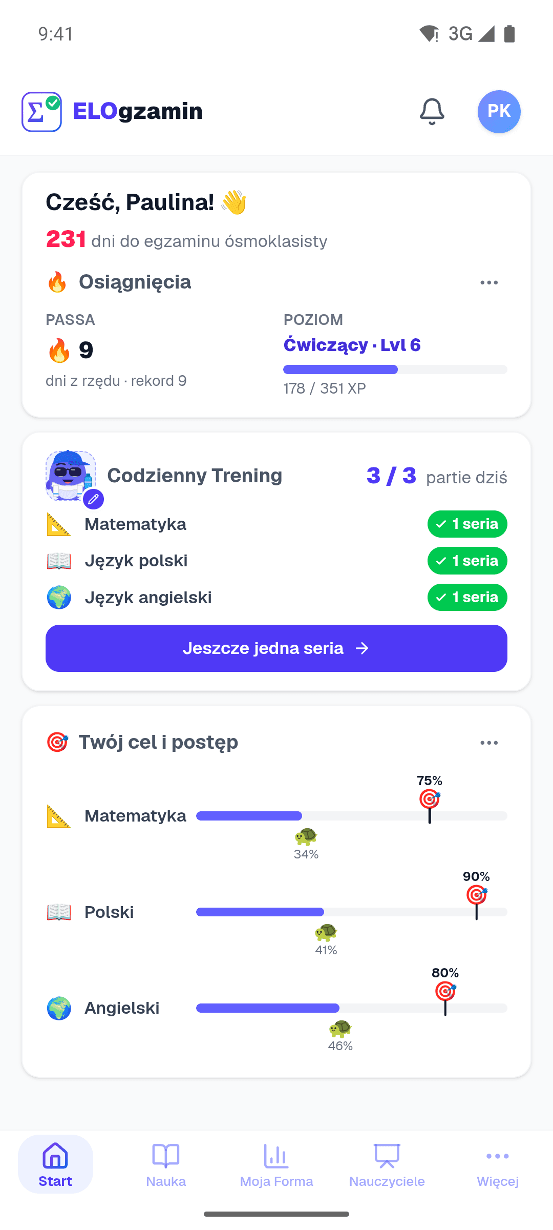Aplikacja ELOgzamin: Codzienny Trening z trenerem personalnym oraz cel i postęp ucznia