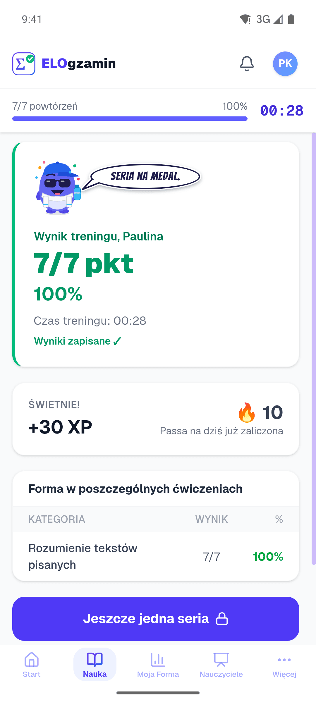 Podsumowanie serii w aplikacji: trener cieszy się z wyniku 7/7, +30 XP i passa 10 dni