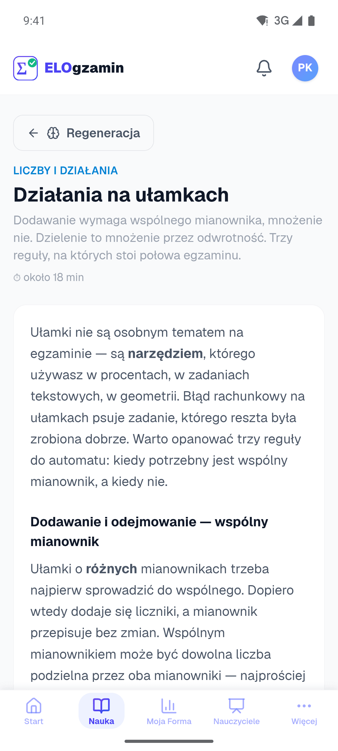 Materiał Regeneracji wiedzy w aplikacji: działania na ułamkach