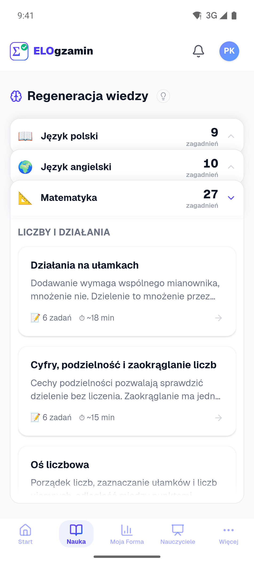 Regeneracja wiedzy w aplikacji: lista zagadnień z matematyki