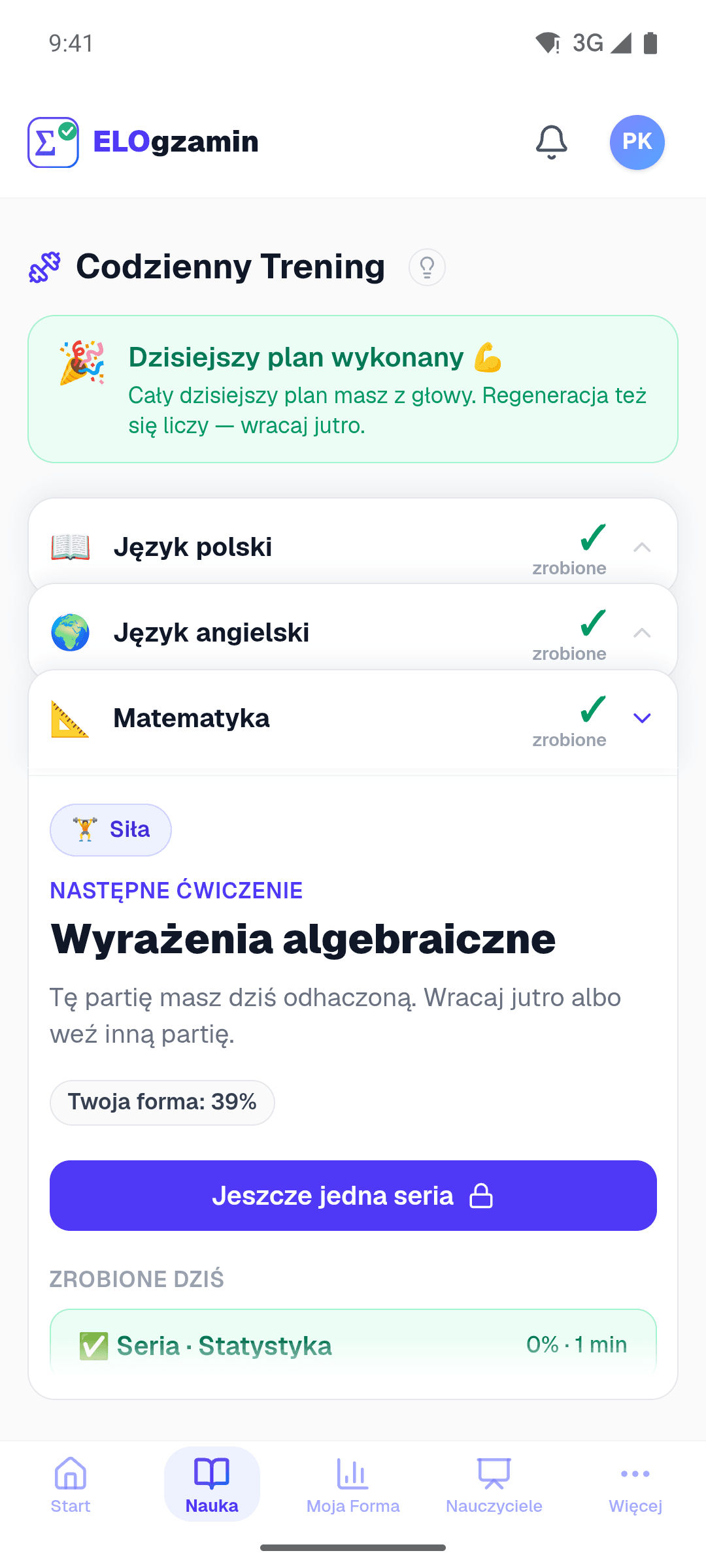 Codzienny Trening w aplikacji: dzisiejszy plan wykonany, następne ćwiczenie